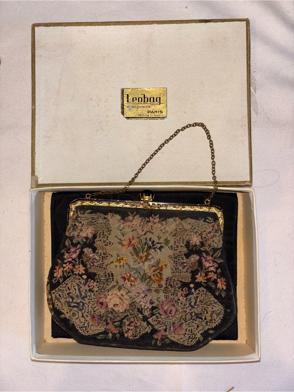 Vintage Leobag Paris Black Floral Needlepoint Evening Bag with Gold Chain